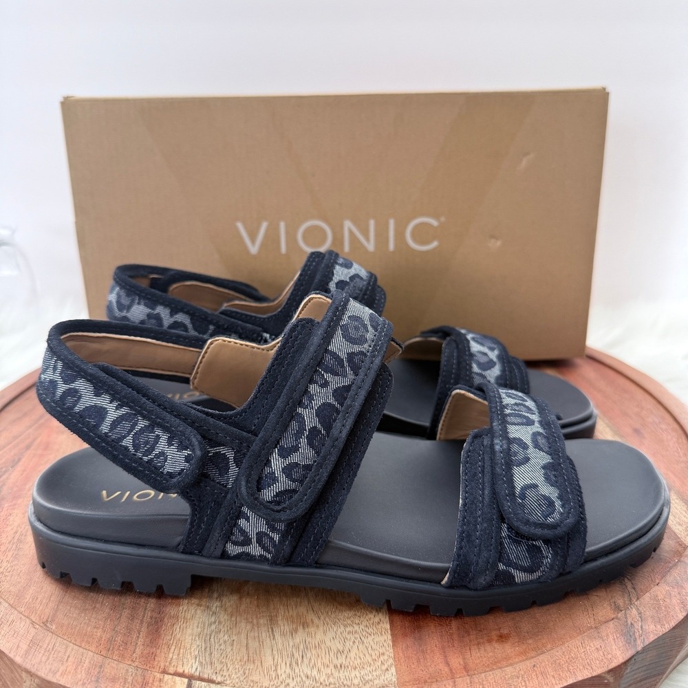 Vionic Cassidy Sandals Womens 8.5 Blue Denim Leopard New Lug Sole Strappy
